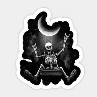 Skeleton swinging under moon and making rock hand symbols Sticker